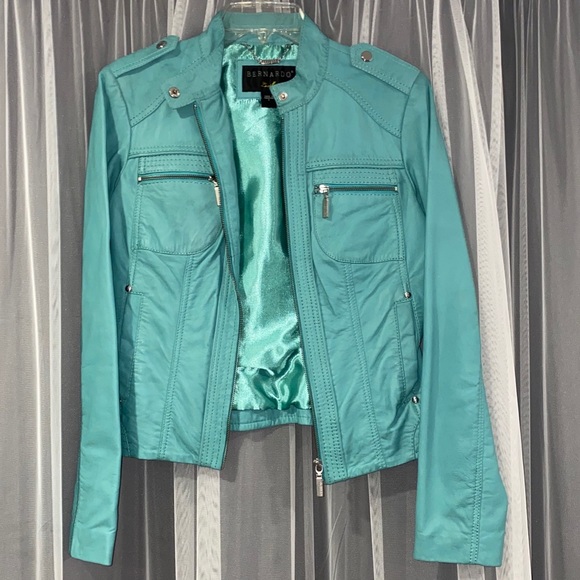 turquoise biker jacket